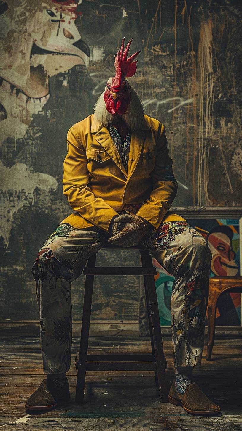 Create an image of an anthropomorphic expressionistic chicken, seated in a vintage urban setting, dressed in a stylish yellow jacket and printed pants, exuding a cool, relaxed vibe. The chicken should be portrayed with a regal and contemplative expression, sitting on a rustic wooden stool. The background should be a dimly lit room with textured walls and eclectic art decor, including a faded mural. The overall mood should be edgy and artistically urban, blending classic and contemporary styles.