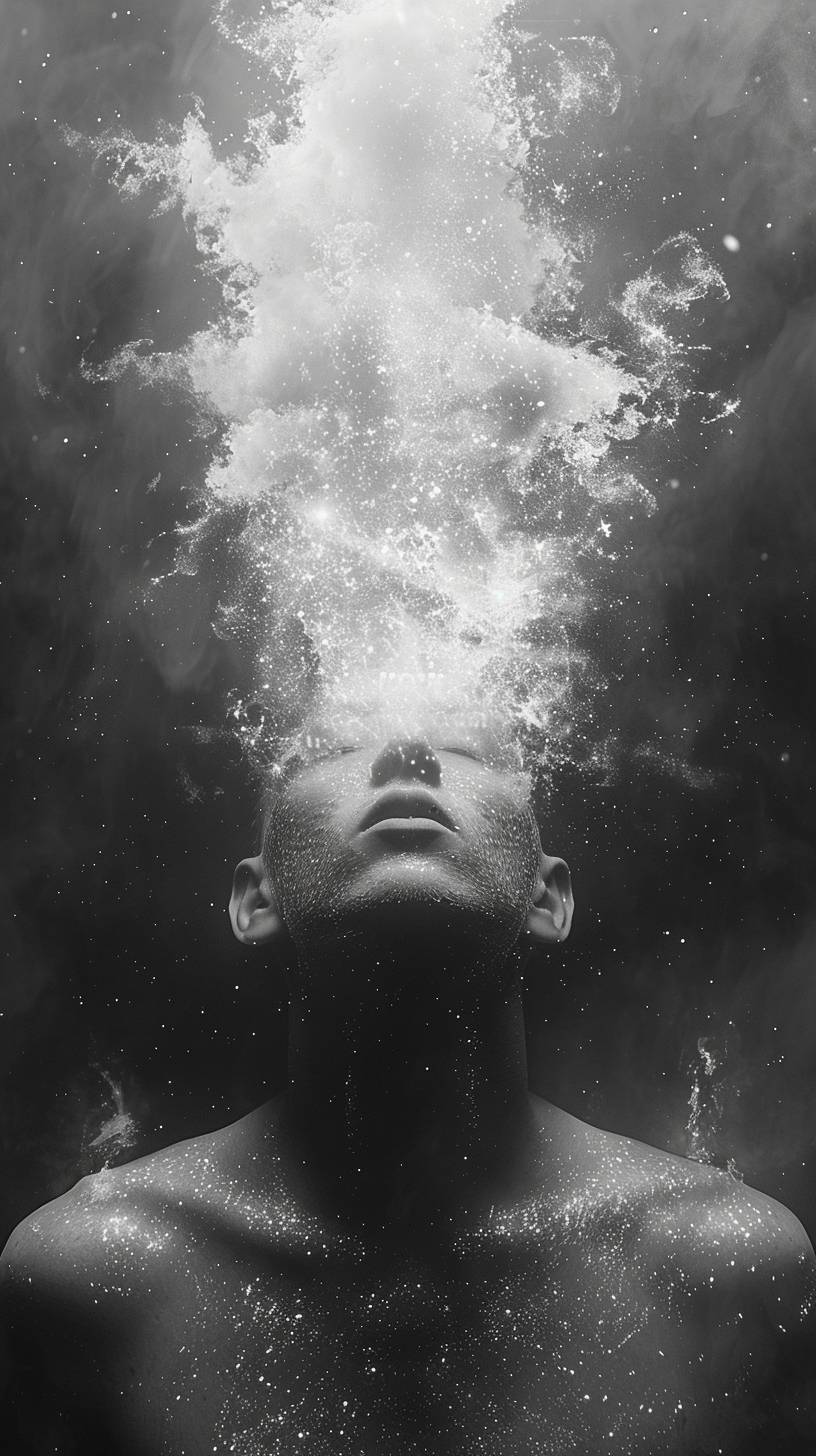 A black and white surrealist image of watching straight to the camera. The figure's head is enveloped in an explosion of light or sparks, creating an ethereal and abstract effect. The background is dark and minimalist, highlighting the surreal, almost otherworldly nature of the illuminated head. The body of the figure is shadowed, blending into the darkness, with a few streaks of light providing subtle highlights. The overall mood is mysterious and abstract, with a focus on the striking contrast between light and dark.