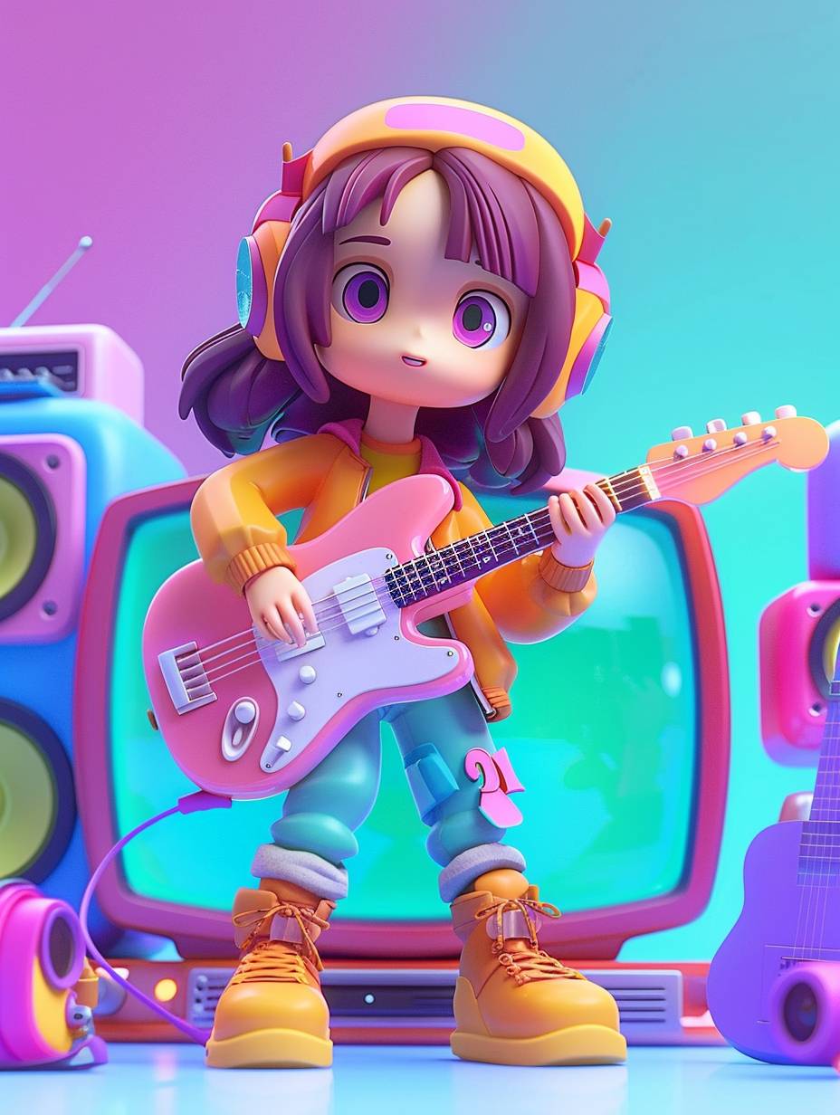 In C4D 3D rendering, a cute girl is playing guitar in front of the TV in the style of cartoon Q version. The whole body is in the picture, the lens is at an upward Angle, the colorful background with a simple design and a bright light blue and purple gradient color scheme. Lovely style, bright colors and soft gradients. High detail 3D rendering in a simple style, the best quality and super clear detail. High resolution OC renders in high definition at 8K, --ar 3:4 --sref <https://s.mj.run/sCgv1lOpTJM> --sw 900 --stylize 750  --v 6.0