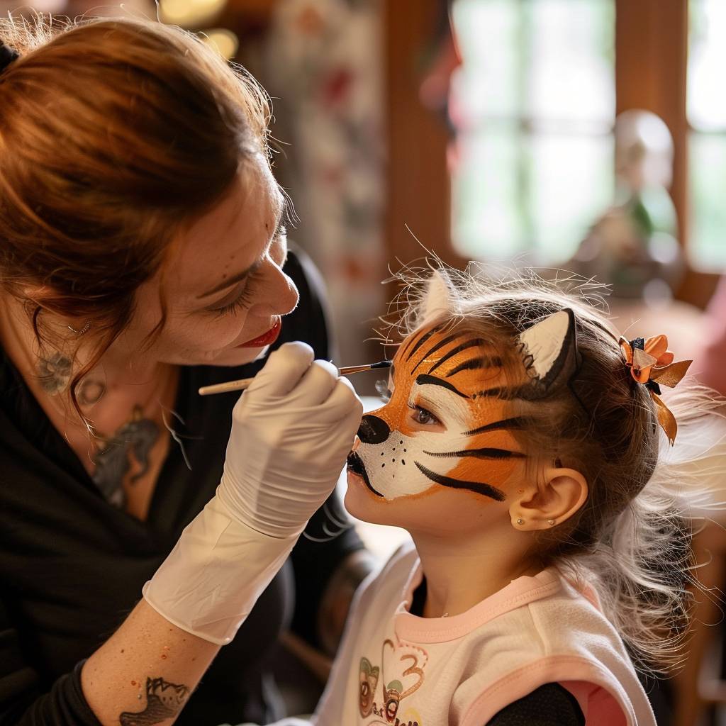 Little girl getting her face painted like a cat from the popular Netflix show 'Gabbys Dollhouse'