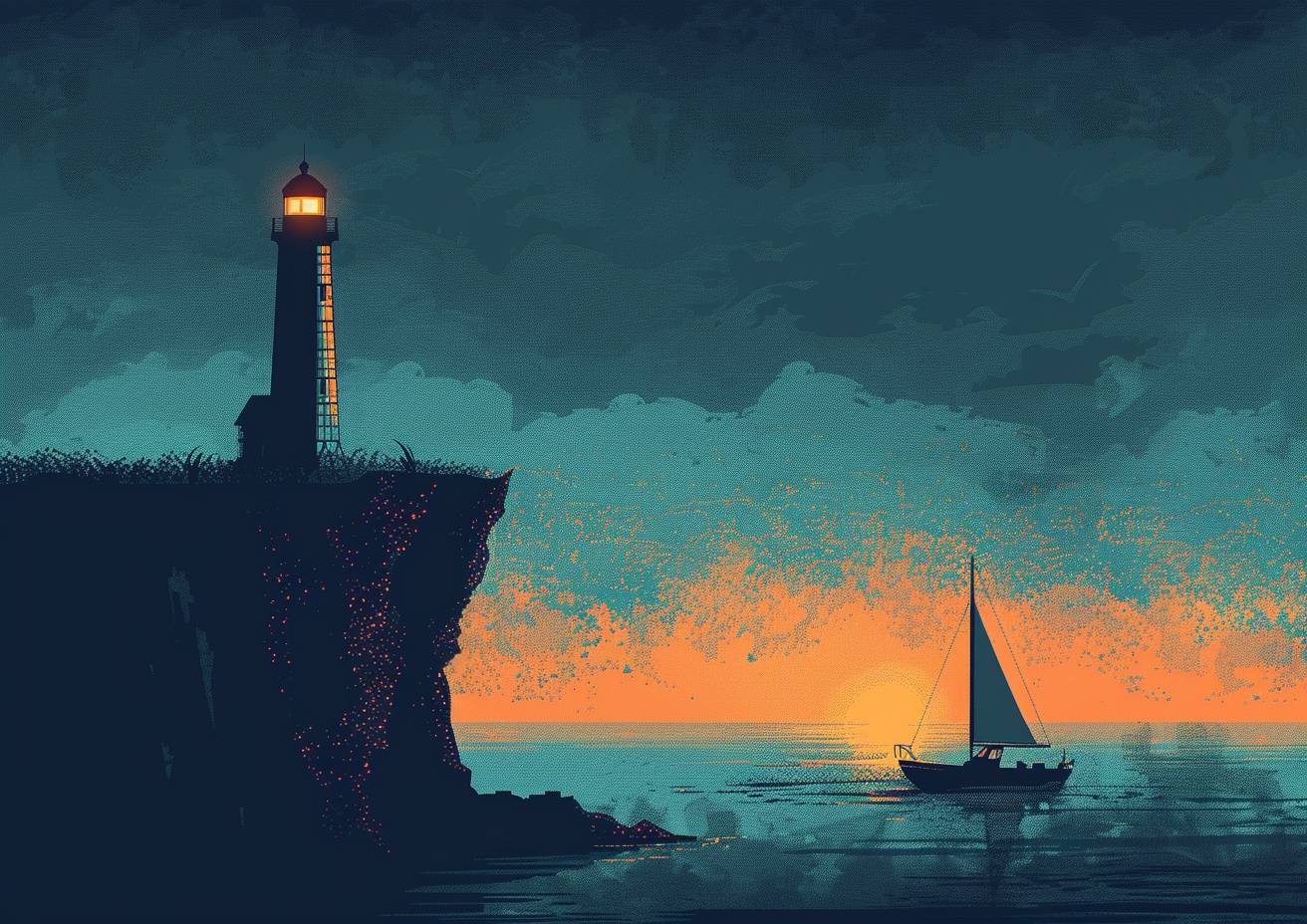 A vector illustration on a blank canvas, using teal and copper phosphor dots of varying sizes, forming a lighthouse perched on a cliff, eponymous sailboat, negative space