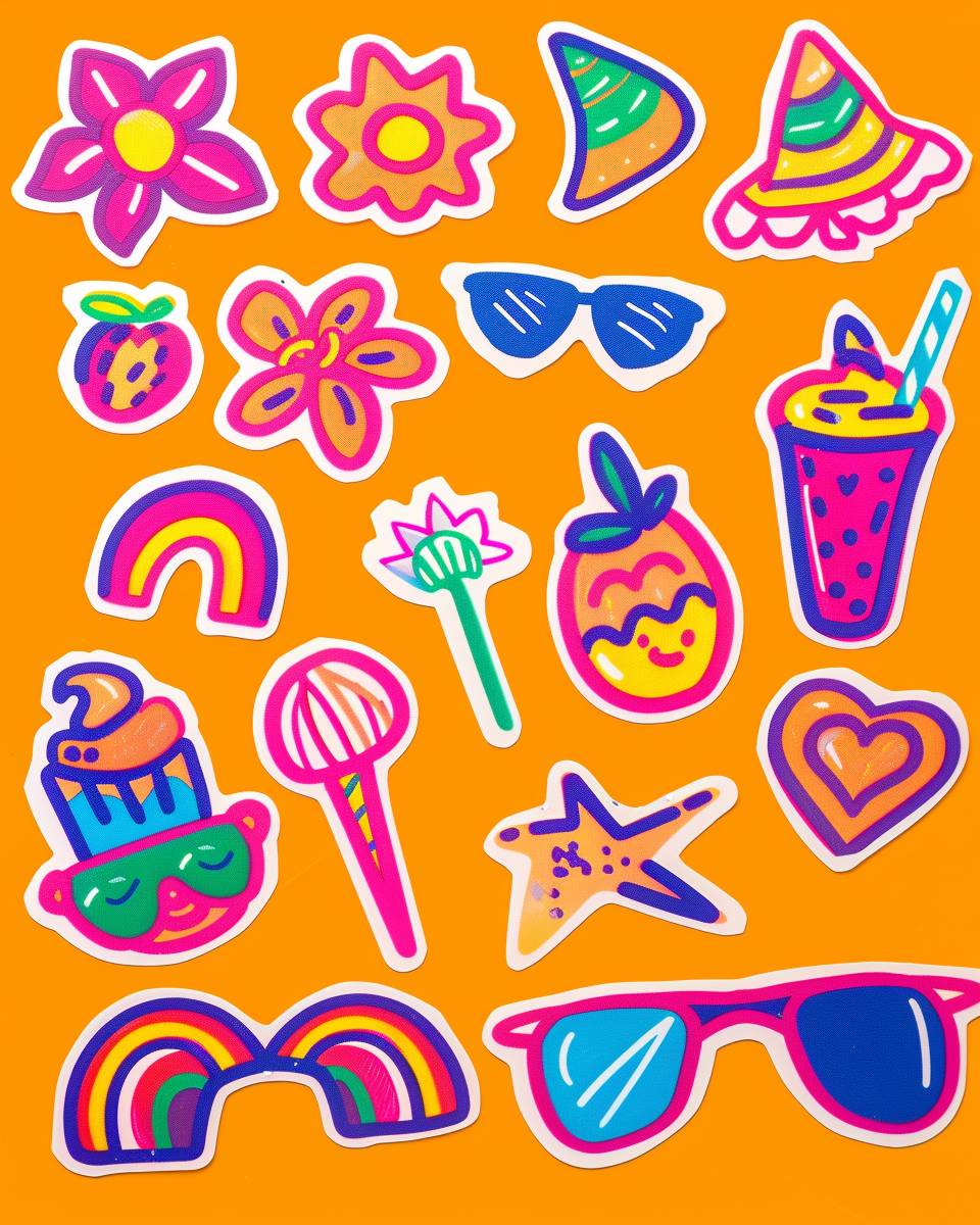 12 neon doodle stickers for teen girls, featuring kawaii, cute doodles including hearts, rainbows, flowers, sunglasses, beach and sun, smoothies, ice cream, vivid colors and white border