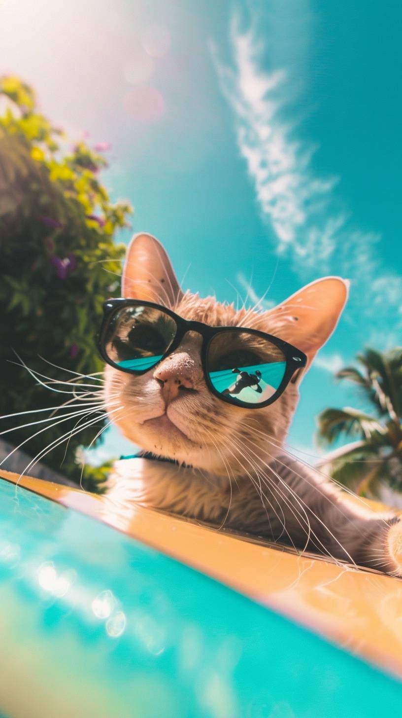 A cute cat, captured cinematically, takes selfies while traveling in Bali, wearing stylish sunglasses, in the midday sun, surfing on a board under the bright sun in vibrant Bali. --ar 9:16 --stylize 0 --v 6.0