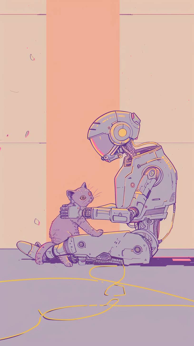 A minimalist drawing featuring a light purple background with yellow lines. In the center, there is a cute little dystopian robot sitting on the ground, stroking a kitten.
