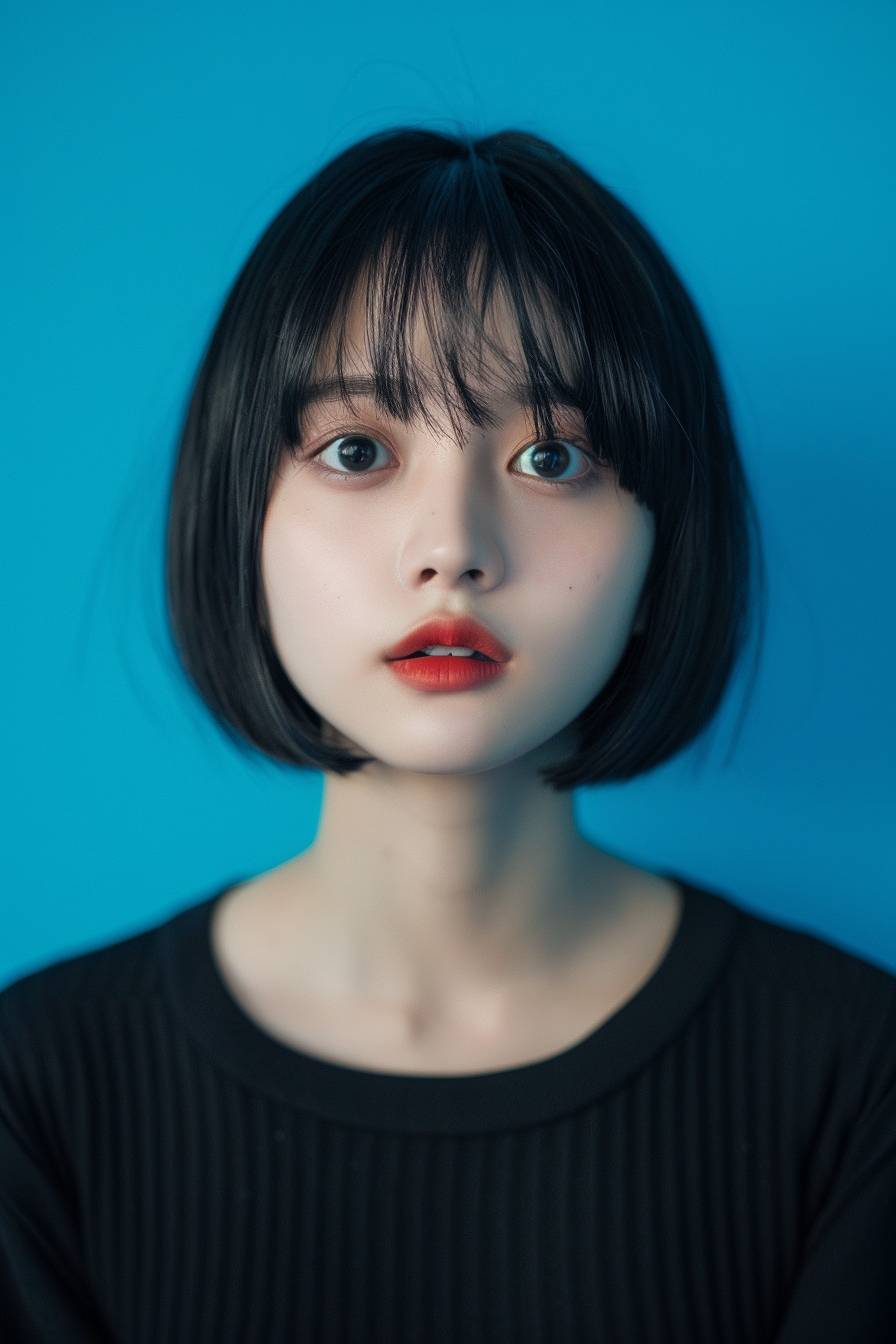 ID photo, blue background, full face, 18-year-old Chinese girl, black hair, bob hair, bangs, hair transplant, big eyes, lips, oval face, realistic, head and shoulders