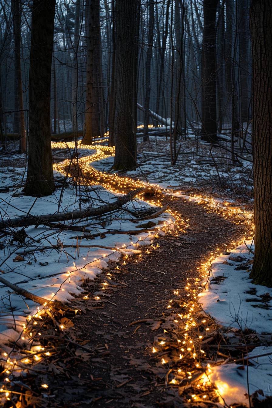 In the style of Lawren Harris, Fairy lights illuminating a path through the woods--ar 2:3 --v 6.0