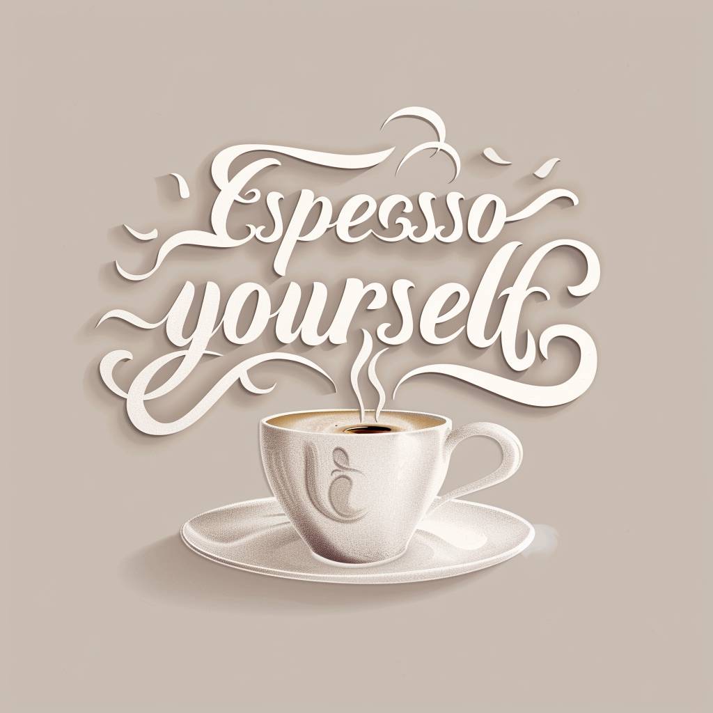 ホットカップから立ち上がる蒸気のように形作られた「Espresso yourself」というフレーズの気まぐれなデザイン。ソフトで控えめな背景に作成されました。使用したもの：流体スチーム形状、優しい曲線、穏やかな色合い、気まぐれなフォント、コーヒーの香りの視覚効果、glibatreeプロンプト、HDクオリティ、ナチュラルな外観。