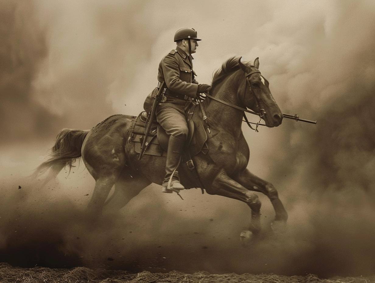 An old photograph from the WW II, capturing a dramatic and surreal scene. A German soldier, donned in the traditional uniform of the German army of that era, is depicted in mid-action, riding a huge [WHATEVER] as if it were a gallant steed. This is no ordinary scene; the [WHATEVER] charges fiercely across a smoky battlefield. The soldier, equipped with a simple rifle slung across his back, exhibits a mix of determination and urgency in his expression, evoking the intense emotions of battle. Smoke billows around them, enhancing the dramatic effect of this wartime action scene.