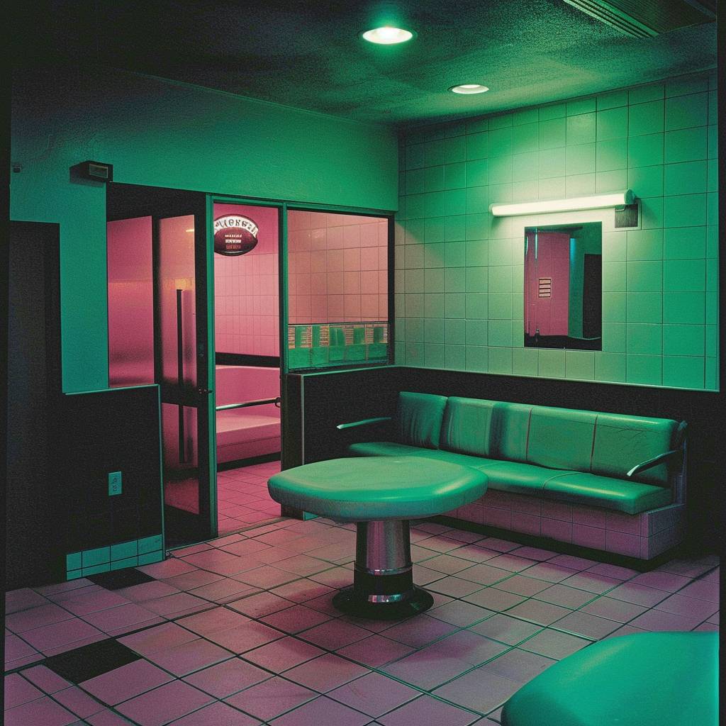 Minimalist photo of an Arizona diner in the 1980s, in the style of dark purple and fluo green.