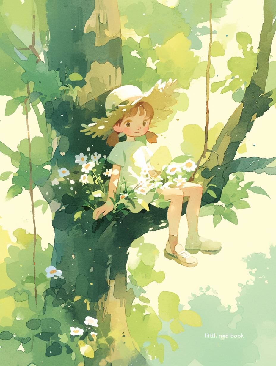 A girl is sitting on the tree, wearing white shoes and green with sun hat, holding flowers in her hand. The background of trees has soft light shining through, creating a fresh color scheme. This illustration was created by an artist named 'little red book'. It features soft edges and delicate brushstrokes, flat style, simple lines, cartoon characters, watercolor painting effects, children's illustrations, colorful colors, and a dreamy atmosphere