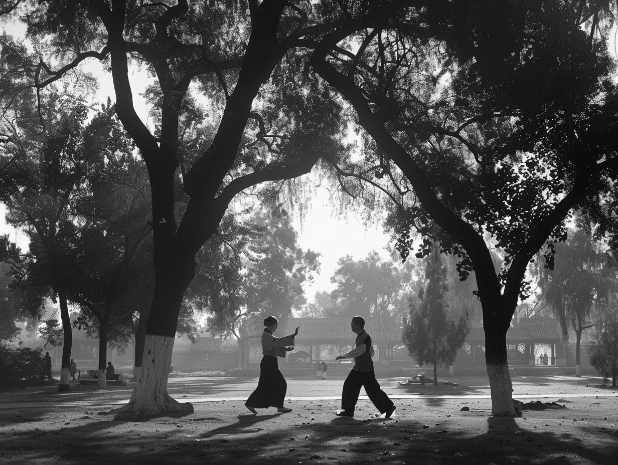 Couple practicing Tai Chi. Serenity and focus. Traditional attire. Shot in Beijing's Temple of Heaven Park. Taken at dawn in 2008. Ancient trees, a pagoda, other practitioners also present. Medium shot, full body capturing the scene. Captured using a Leica M8 camera with Kodak Tri-X 400 film. First light of the day, leaves rustling, high contrast.