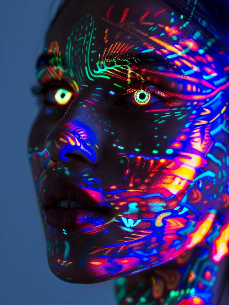 A beautiful woman’s face is adorned with an artistic pattern of neon lights on her skin. These lights create colorful designs, contours, and shadows on her cheeks. The technique of focus stacking adds depth to the image, enhancing the futuristic surrealism. The overall color scheme is a mix of gray and dark blue.