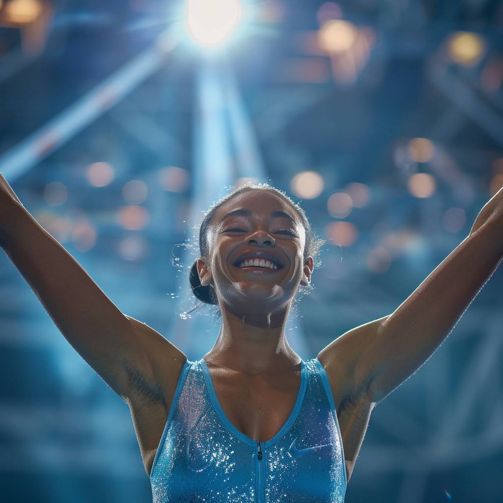 オリンピックゲーム中に、ボランティアが朝早く、平衡木で完璧な演技を祝う女性体操選手。彼女が勝利を祝うように嬉しそうに微笑む。ニコンD850 DSLRスタイルで撮影された写真。フォトジャーナリズムスタイルの写真、ハイパーリアリズム、クリーンなシャープフォーカス --v 6.0