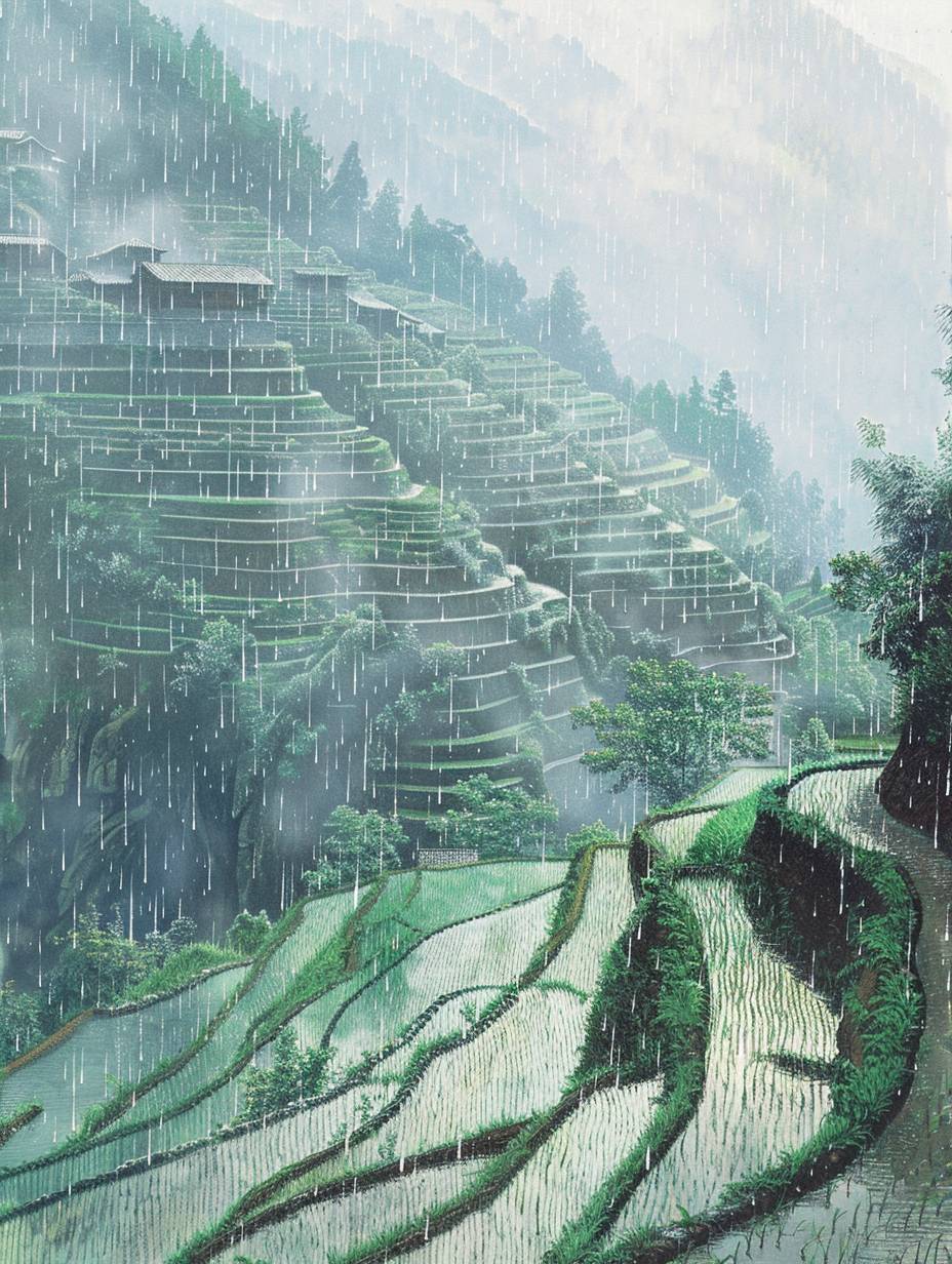 Grain Rain, terraces, raining, hyper-realistic style, photographic lens