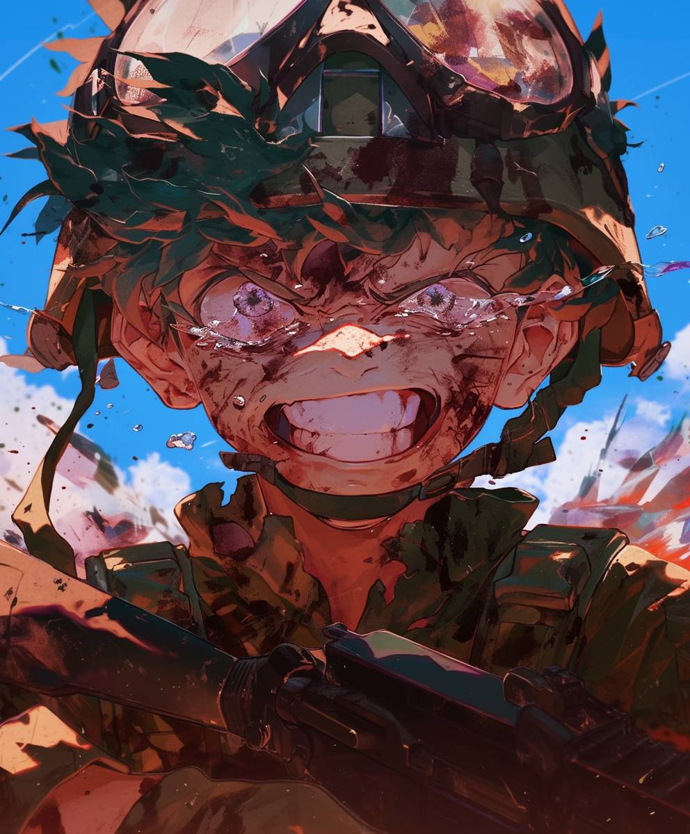 Facing the camera, a hero wearing a military helmet on his head, with the focus on his face, showing a very happy expression, tears of hope, a deep gaze, intense action, intense emotion, anime style, Studio Ghibli, manga style, fluid animation, dynamic environment, detailed.