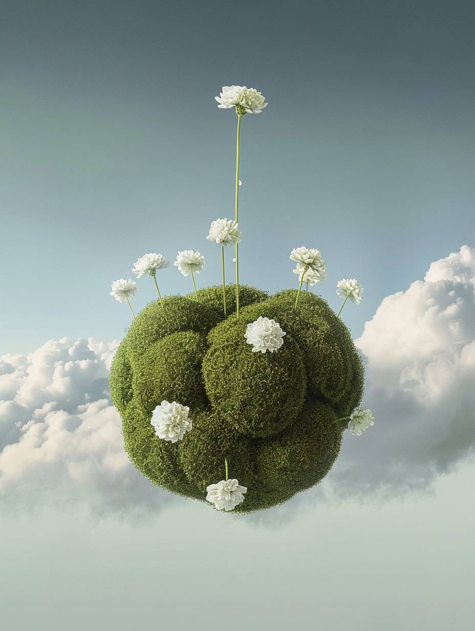 The ball hangs in the air, covered with moss, microgreens, and white flowers. The sky is the background, with a cloud below. The soft lighting creates a minimalist composition with hyperrealism aesthetics. The photographer is David Newton.
