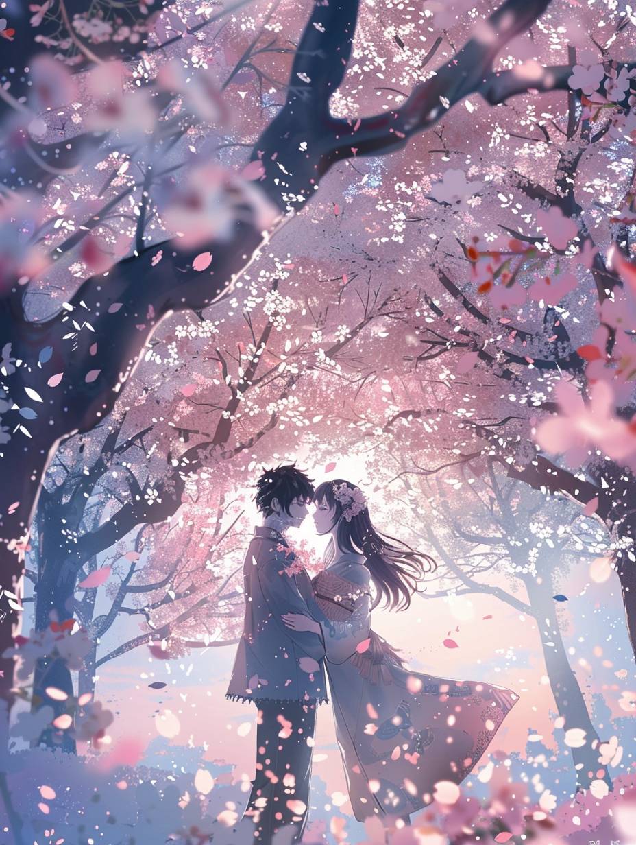 Two anime characters share a tender moment beneath a canopy of cherry blossoms in full bloom, petals drifting around them
