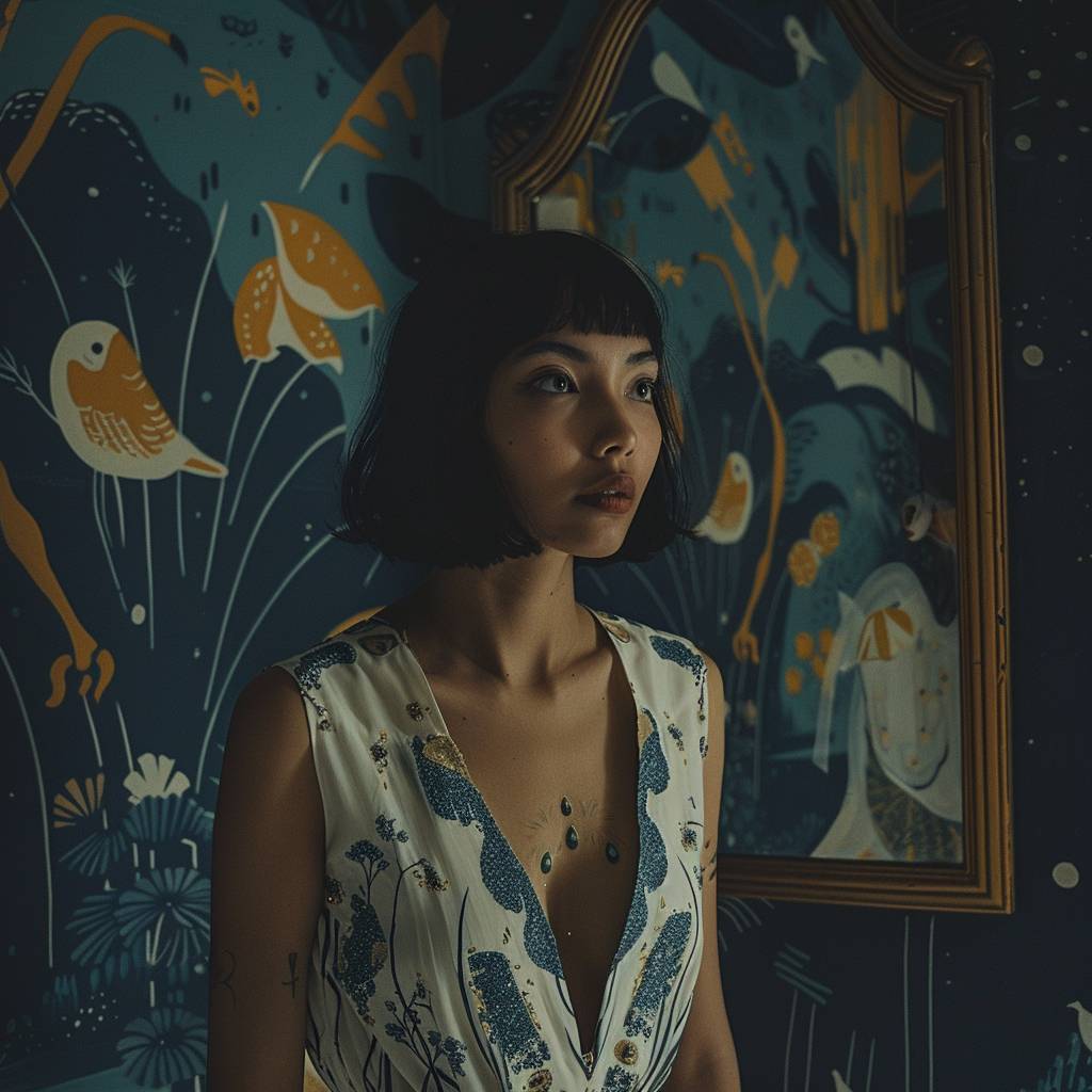 Analog Photography, vintage fashion photoshoot in an old mansion, Southeast Asian model with shoulder-length razor-cut bob hairstyle, late morning, soft natural light, portrait angle, vibrant saturated color palette, 70s vintage effect, subtle surrealism, shot on 35mm film, dreamy and nostalgic composition