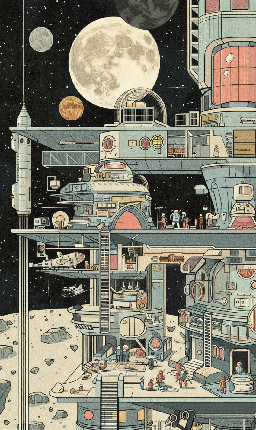 In the style of Chris Ware, a lunar colony with futuristic technology