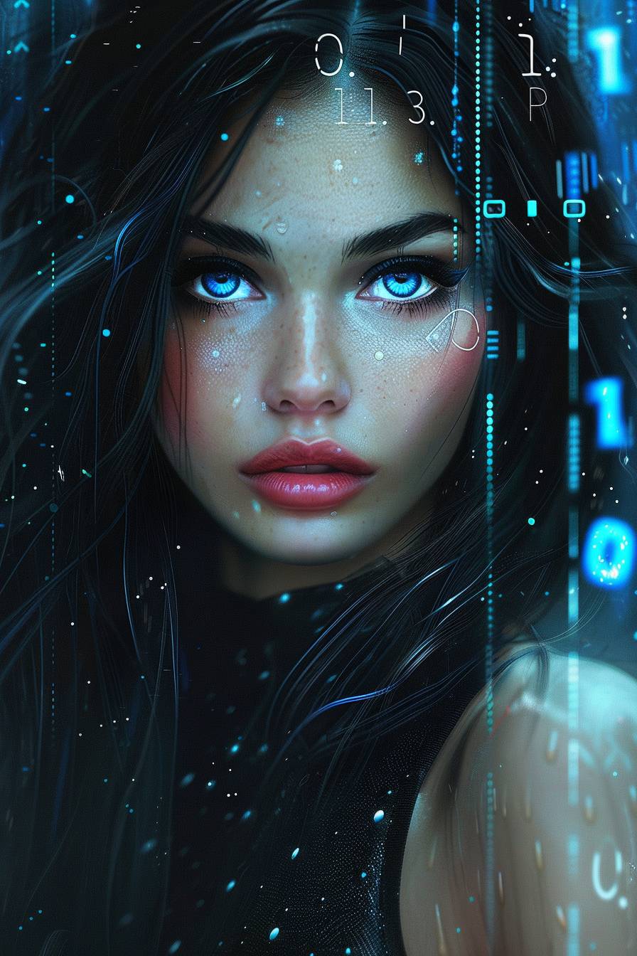 Beautiful black hair and blue eyes, bold makeup with dots, an elegant outfit, and defined lips. The background features digital elements and numbers, creating a futuristic atmosphere.