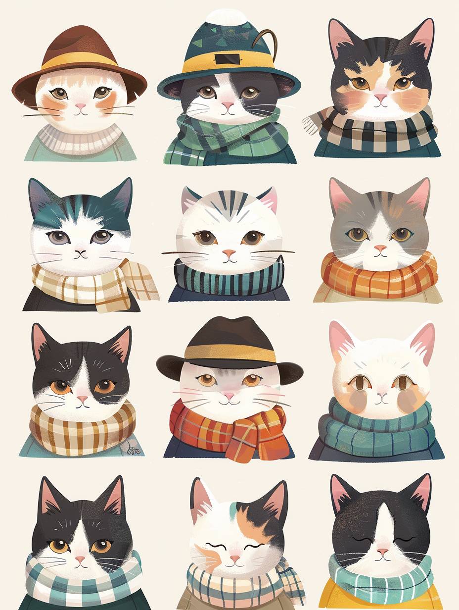 A grid of cartoon cattle wearing different outfits, such as hats and scarves, arranged in rows on the page. The illustration style is cute with soft colors and simple shapes. Each cat has an expression that reflects its character or mood, from happy to sad. There's space between each row for more characters if there were many cats wearing various. This design would be suitable for a sticker sheet where they could become part of your daily makeup routine.