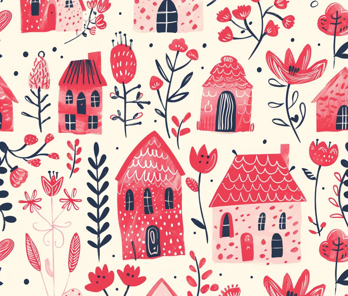 Red and light pink seamless pattern, childish drawing, flowers, house doodles