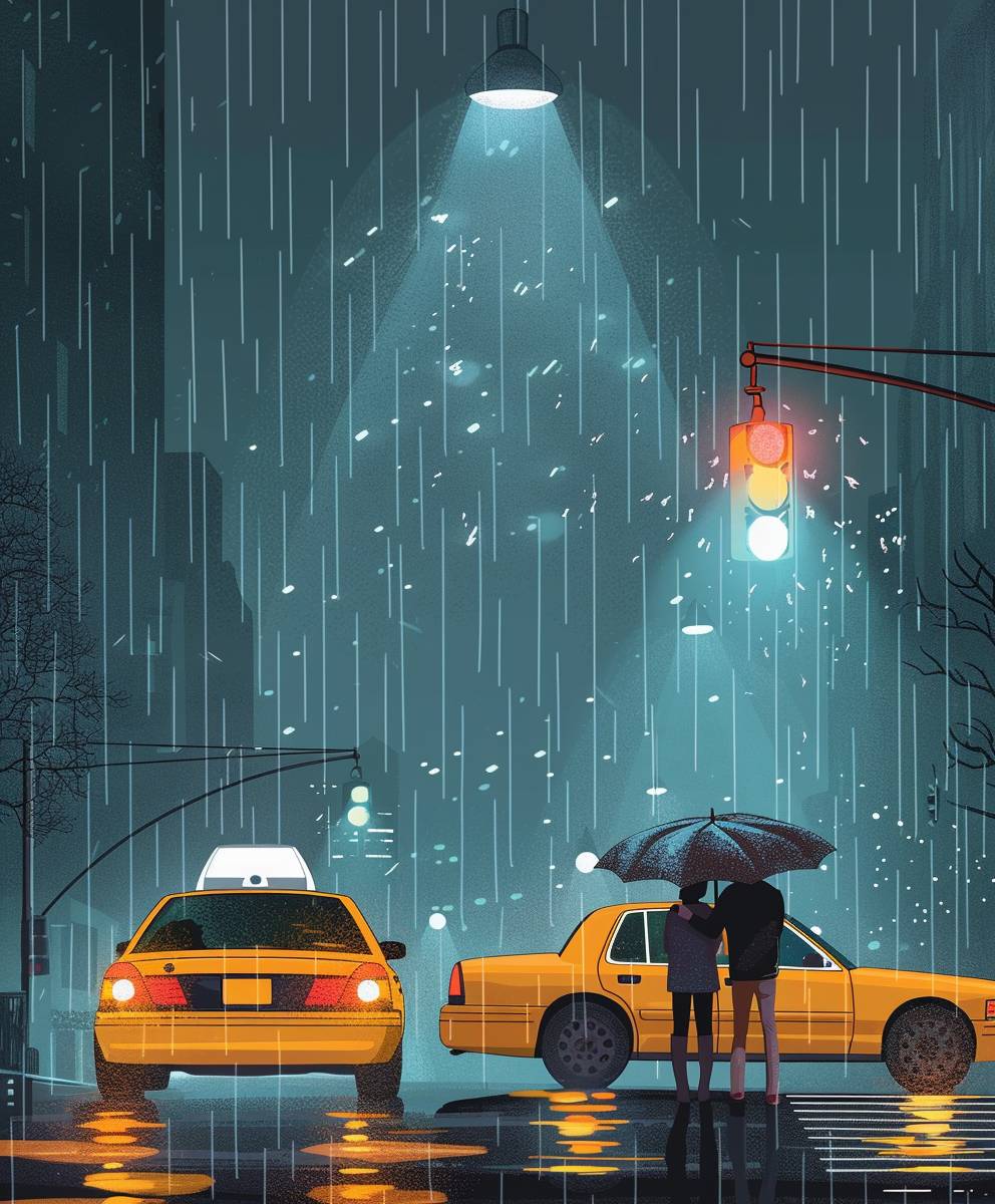 Illustration of two people holding umbrellas, standing next to an open yellow taxi cab with lights on, heavy rain, night time, in the style of modern flat illustration