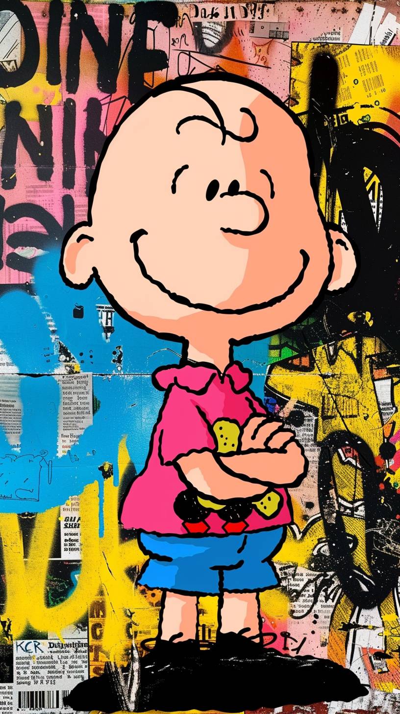 Charlie Brown cartoon character appears on the cover of a magazine, Charlie Brown from 'The Snoopy Show,' featuring a bold and dynamic pose, straight-on angle, with a vibrant graffiti background nearby. The background includes various colorful graffiti elements, magazine headlines, and collage pieces. Bright and contrasting colors with spotlight effects, HD quality, natural look, spray paint details, urban art influence, mixed media collage, vibrant textures, street art inspiration, fashion photography techniques, and a pop art flair.