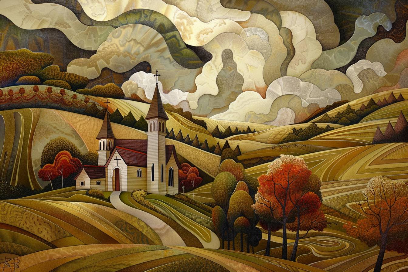 In style of Keith Mallett, stunning natural landscape, church