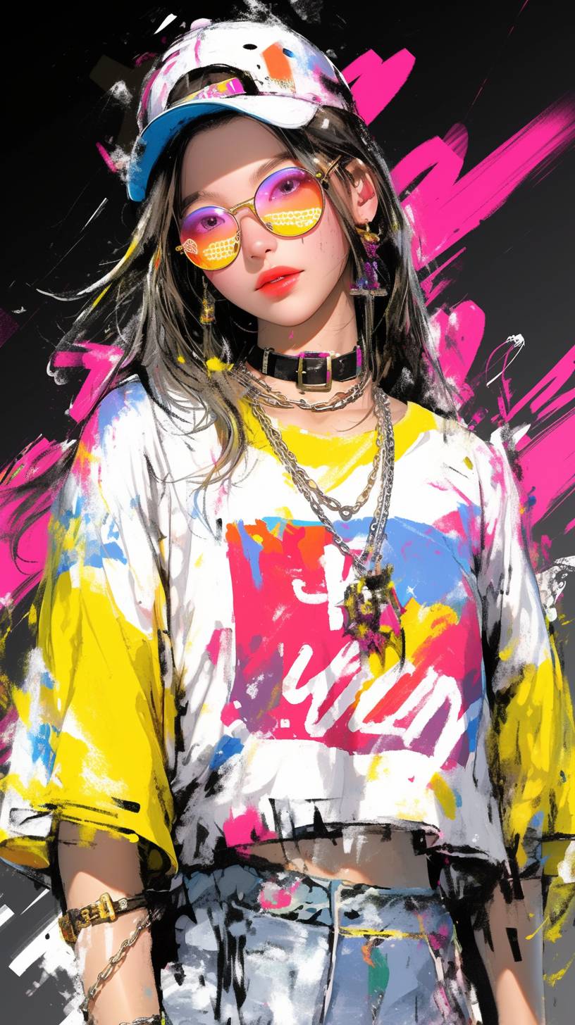 A Korean girl wearing super shorts is standing on stage on a rainy day, wearing sunglasses, with a blurred background, realistic style, exquisite three-dimensional facial features, white and clear skin, fashionable dressing, textured clear hair, clear image quality and high detail, art wallpaper, wallpaper for desktop, best quality, indoor lighting, super detail, C4d rendering, 32k