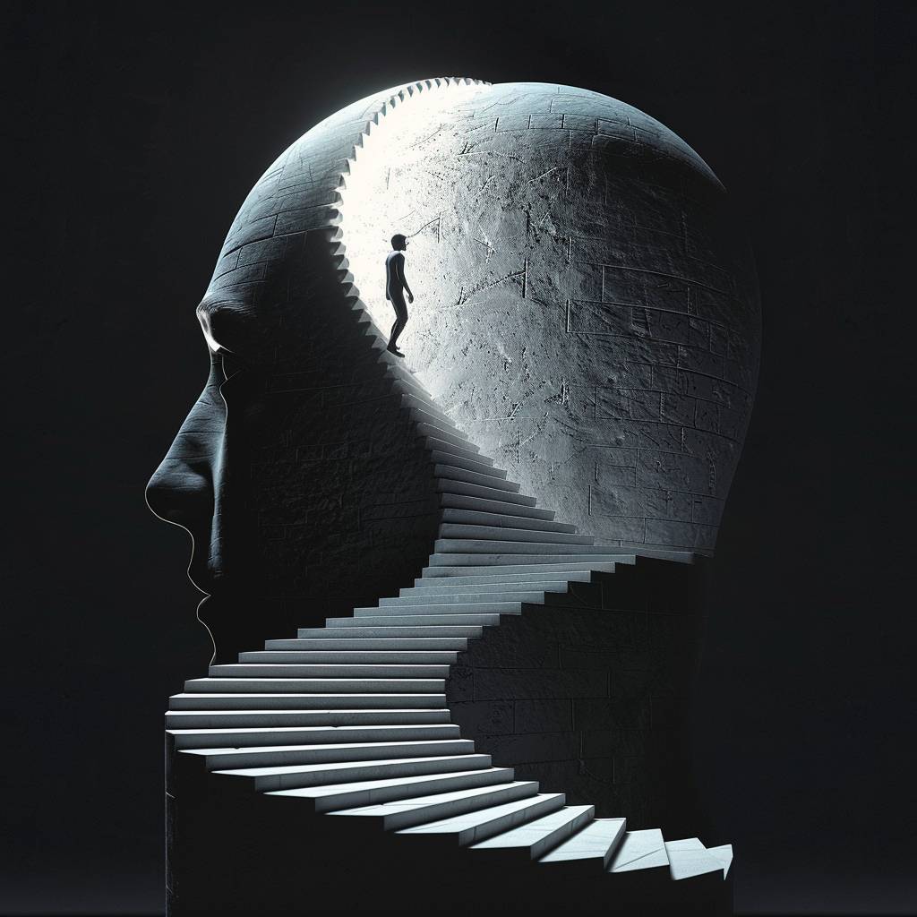 Create a digital artwork featuring a sculptural silhouette of [SUBJECT] head with an open mind revealing stairs inside. A lone figure is seen ascending the stairs, symbolizing personal growth. The scene is set against a stark black background with minimalistic design elements. Illuminate the piece with a white gradient lighting for a surreal effect. Ensure the artwork is in sharp focus, with a surreal, ethereal atmosphere.