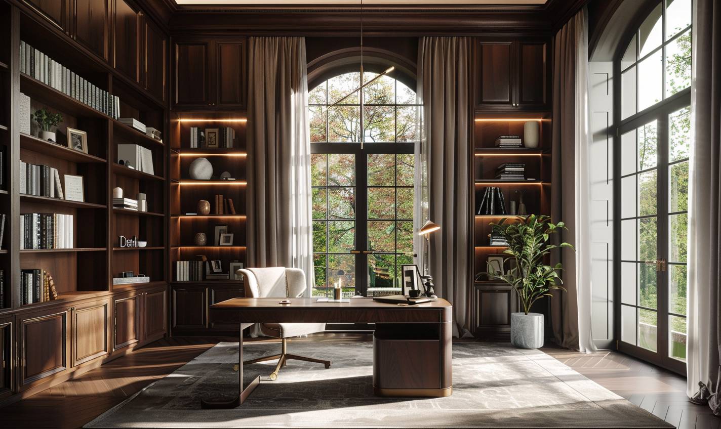 Interior Design, a perspective of of a study room with mahogany walls and a large desk of walnut wood, large windows with natural light, Light colors, plants, modern furniture, classical interior design