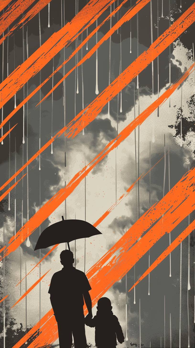 Develop a design that showcases paternal love using a high-contrast color scheme of bright orange against a slate grey background. Position a simplified silhouette of a father and child under an umbrella at the center, with orange rain in a pattern of diagonal lines creating a dynamic sense of movement, interrupted by the umbrella. The grey and orange palette provides a striking backdrop that highlights the father’s protective presence and the warmth of his love.