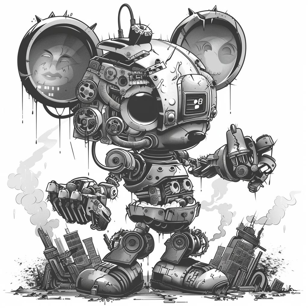 High-quality monochrome anime-style chibi illustration. In a dystopian cityscape blending cyberpunk and steampunk aesthetics, a cybernetic gear creature resembling Mouse from Steamboat Willie is poised for action. White background. The creature, with its body composed of metal, gears, and wires, exudes an aura of menace and power as it prepares to unleash its fury.