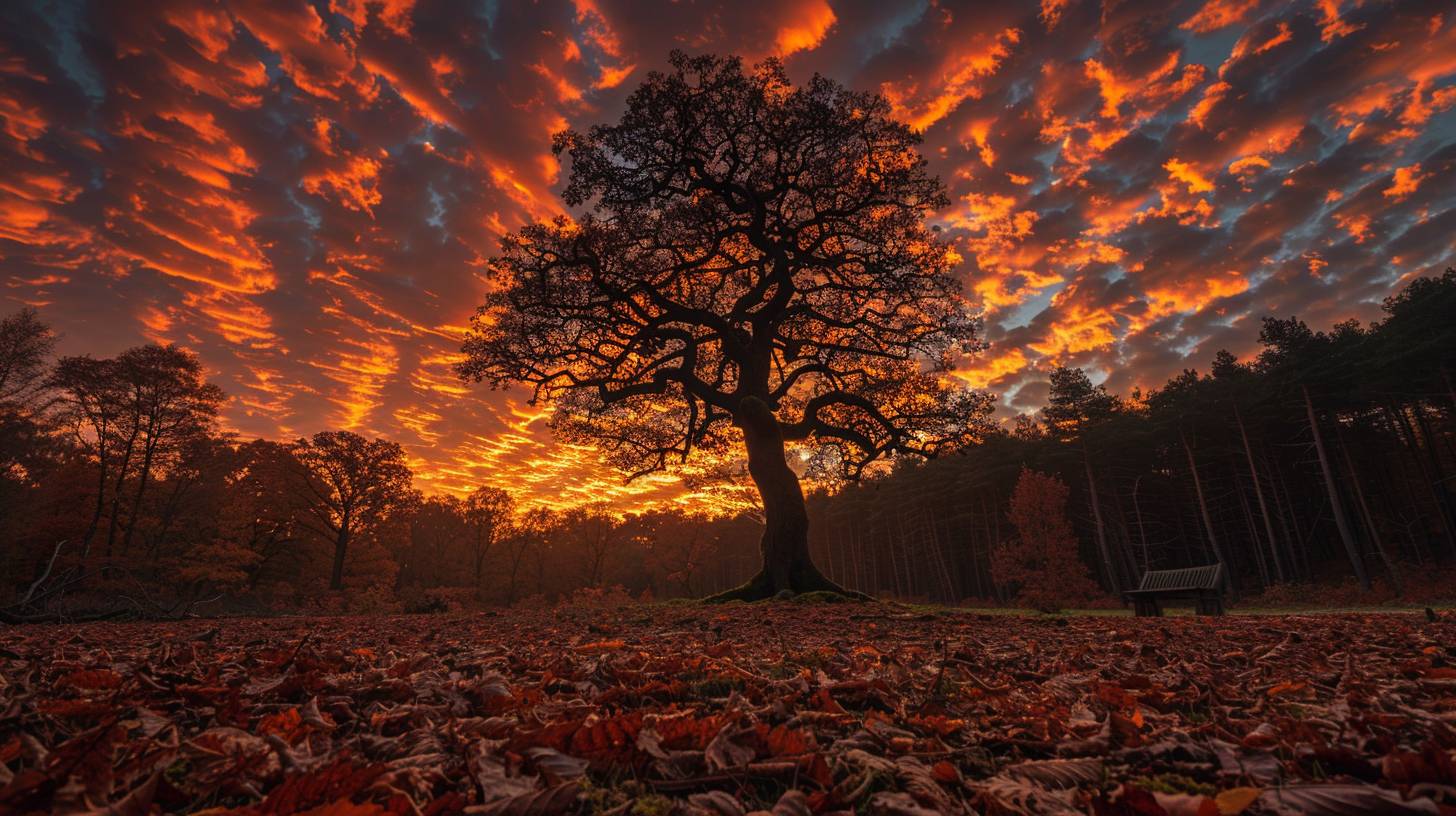 A long exposure of a lone tree silhouetted against a sunset over an ancient forest. The sky is a canvas of warm, earthy tones, with streaks of ochre, burnt sienna, and crimson swirling across the horizon. The light filters through the leaves of the ancient trees, creating a dappled effect on the forest floor. The ancient trees are gnarled and twisted, their bark covered in moss and lichen. Fallen leaves blanket the ground, creating a sense of texture and depth. The lone tree stands tall and proud, its branches reaching towards the sky, as if reaching for the fading light. The overall mood is one of peace and tranquility, as if witnessing a moment of reflection and contemplation.