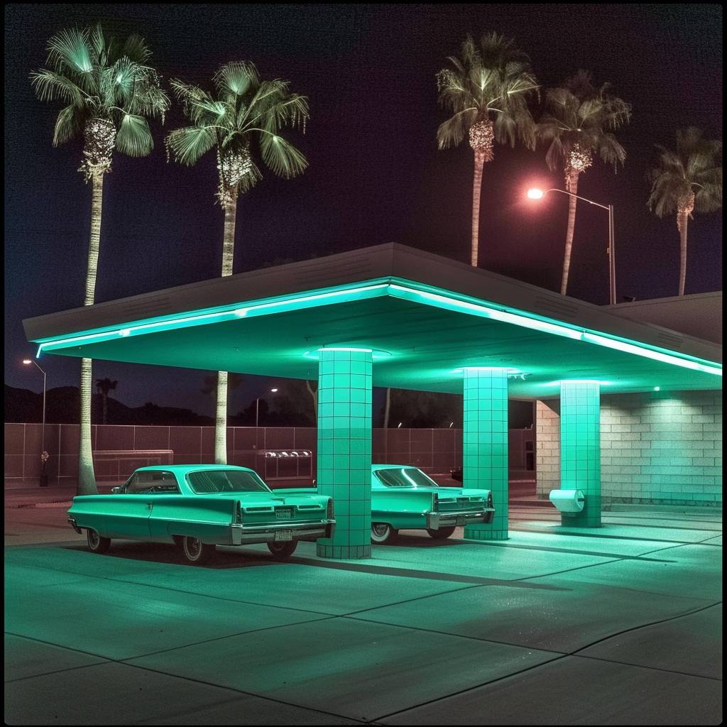 Minimalist photo of an Arizona diner in the 1980s, in the style of dark purple and fluo green.