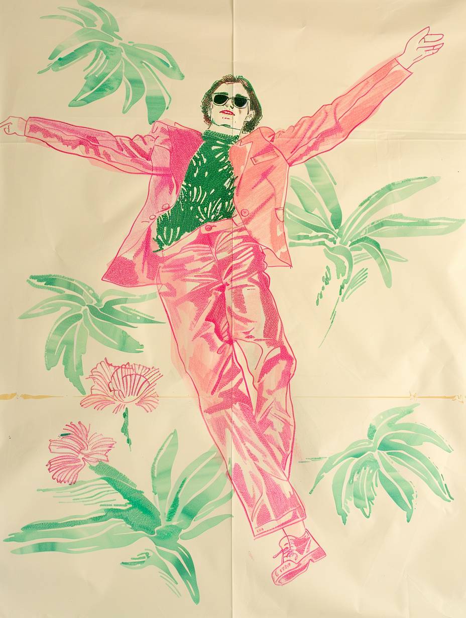 Maira Kalman combines color pencil, watercolor, and collage effects with lovely brushstrokes. The drawing depicts a pretty woman in a pink pantsuit with long sleeves lying on the ground wearing sunglasses. The montage is in the style of Surrealism with simple strokes, minimalist line sketching, and bold cartoon lines. It shows a green sweater jacket with simple details of the pattern.