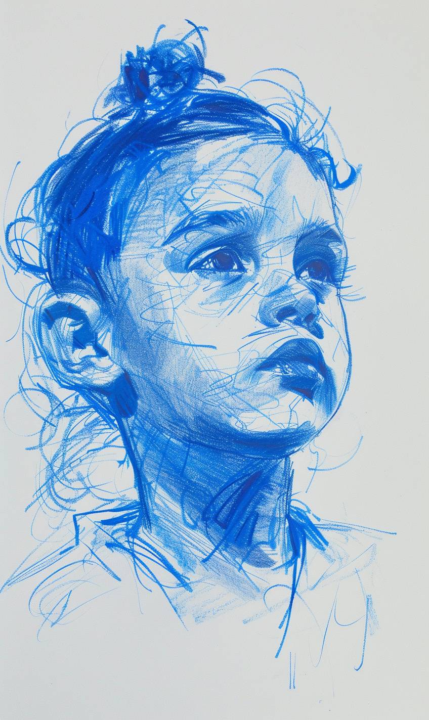 A drawing of a child, in the style of pastel markers, quirky character design, pastel oil, subtle tones, cutecore, blue