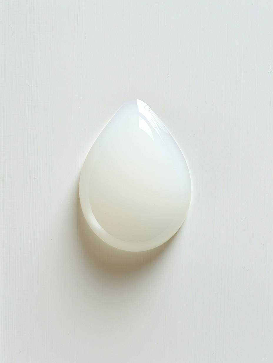Top-view, a realistic photograph of a drop of colorless oil, photographed on a white surface, top view, zoomed out, studio photography, hard white flash