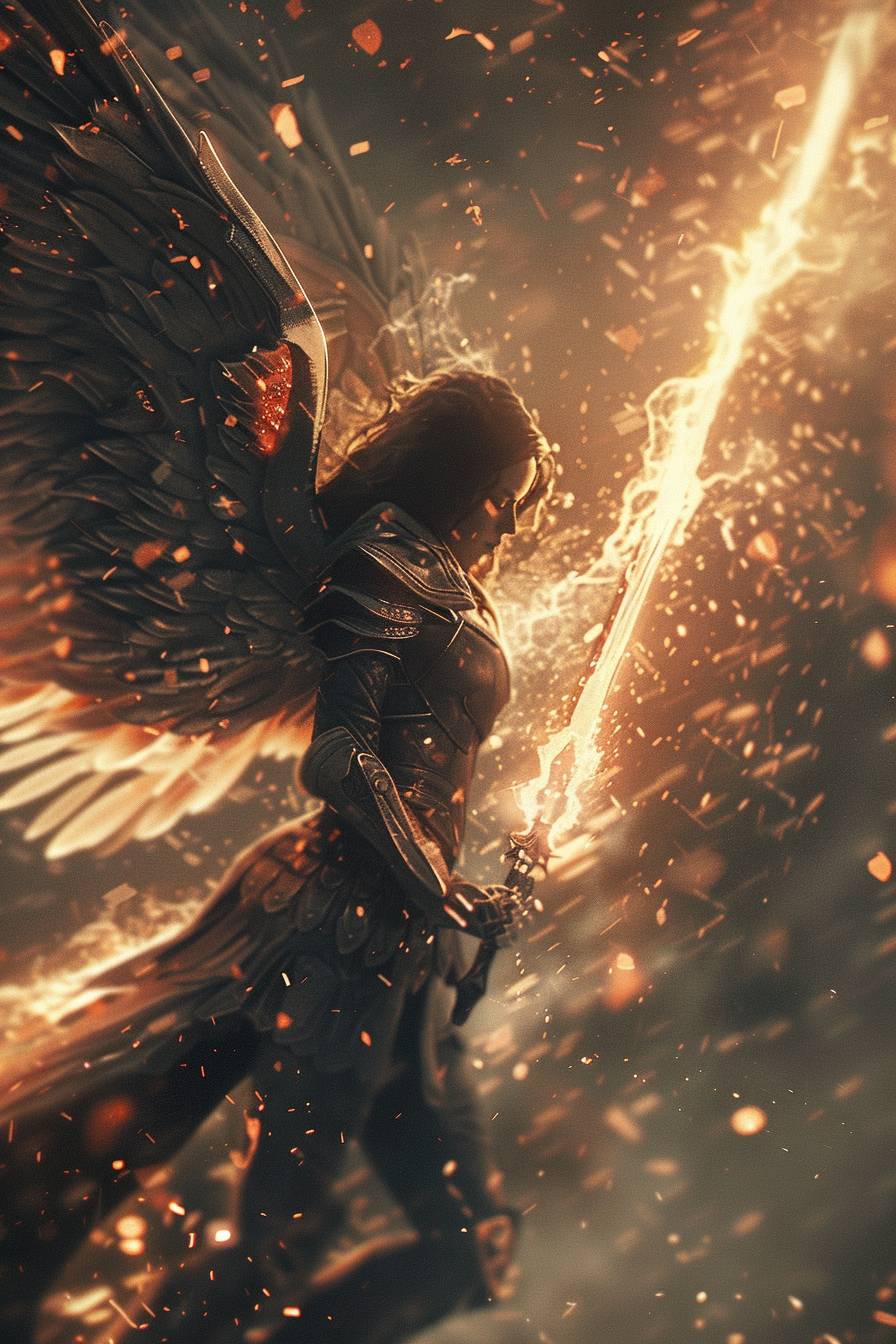 A winged Valkyrie wearing a leatsuit, wielding a weapon formed from incandescent plasma