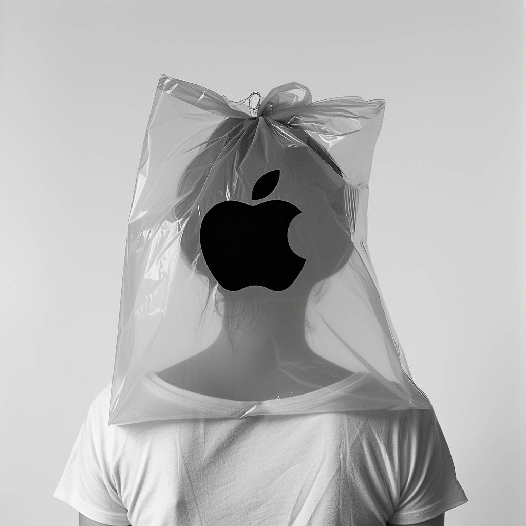 Top down photograph of a flat plastic shopping bag over a head of a woman with apple logo, black and white color palette, pure white background