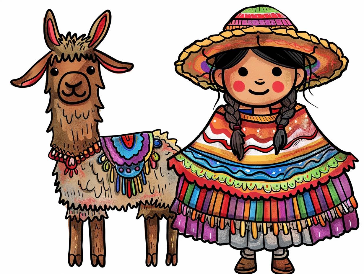 Hand-drawn cartoon style 2D stick figure of a Quechua girl and her llama, wearing a colorful poncho, very detailed, high quality