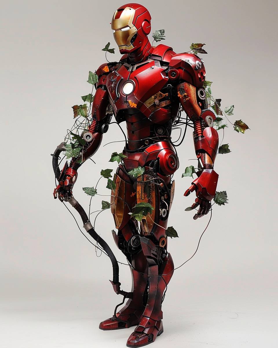 Biomechanical Iron Man, blending organic and robotic elements, with metallic leaves, gear-driven stems, detailed --ar 4:5 --v 6.0