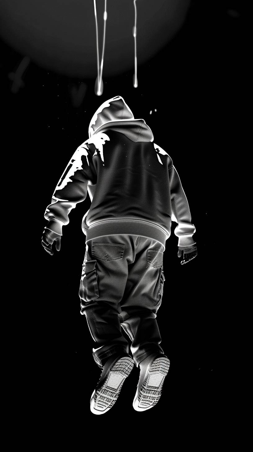 A man wearing a hoodie is floating in the air, pierced by 5 laser beams, in black and white tones, Bruce Timm cartoon animation style, high contrast