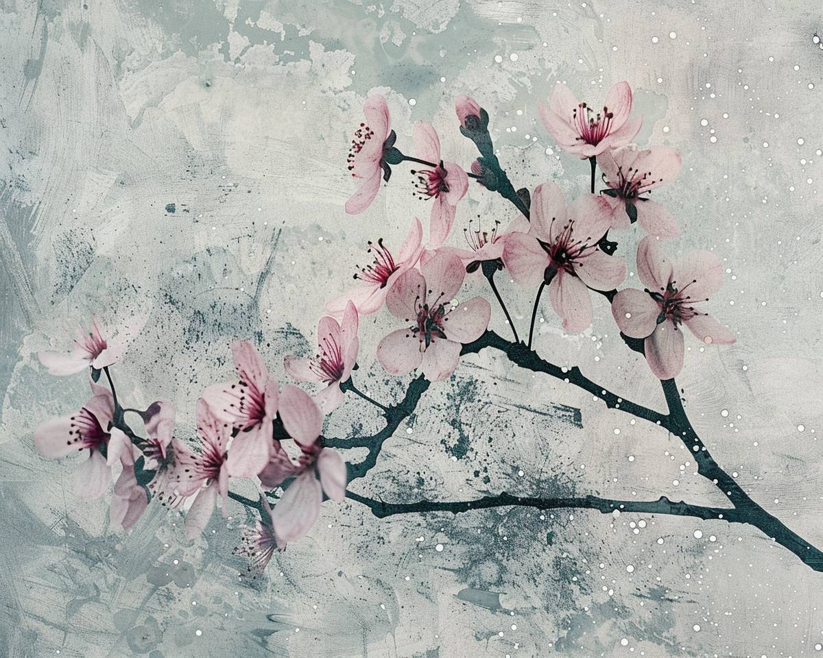 限られた色彩パレットを使用して作成された桜の枝のモノタイププリント、わずかにテクスチャのある背景。