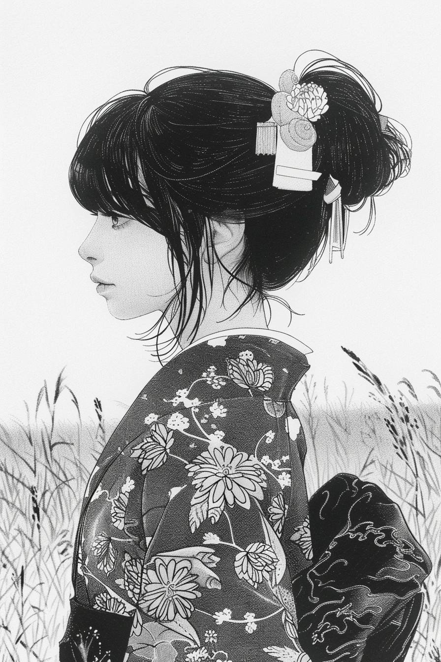 In style of Kawase Hasui, character, ink art, side view