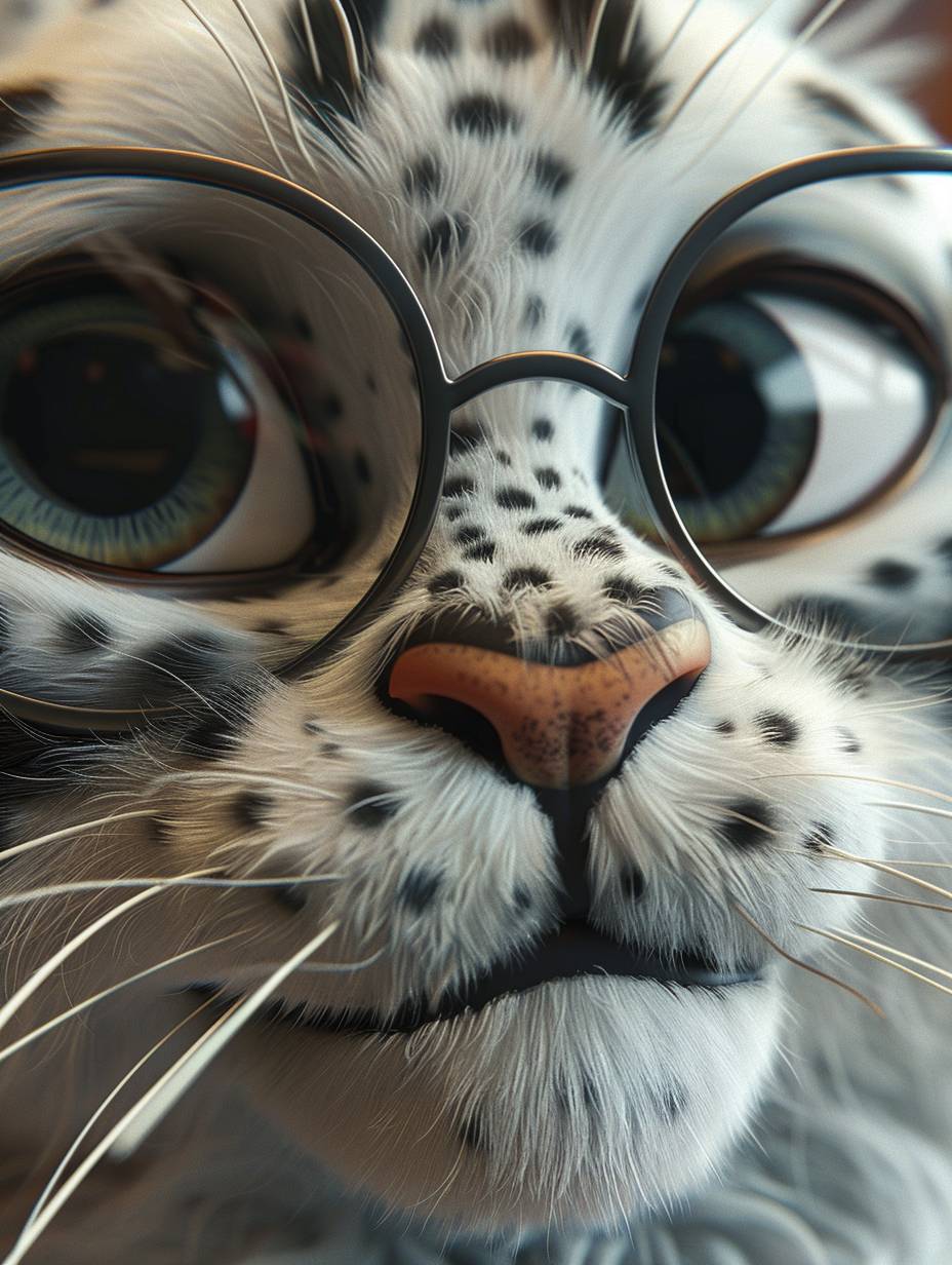 Close-up of a loving face emotion of a Fat Spotted Teenage Cat wearing glasses, 3D cartoon character detailed fur, in the style of Pixar and Disney, super detailed, 16k