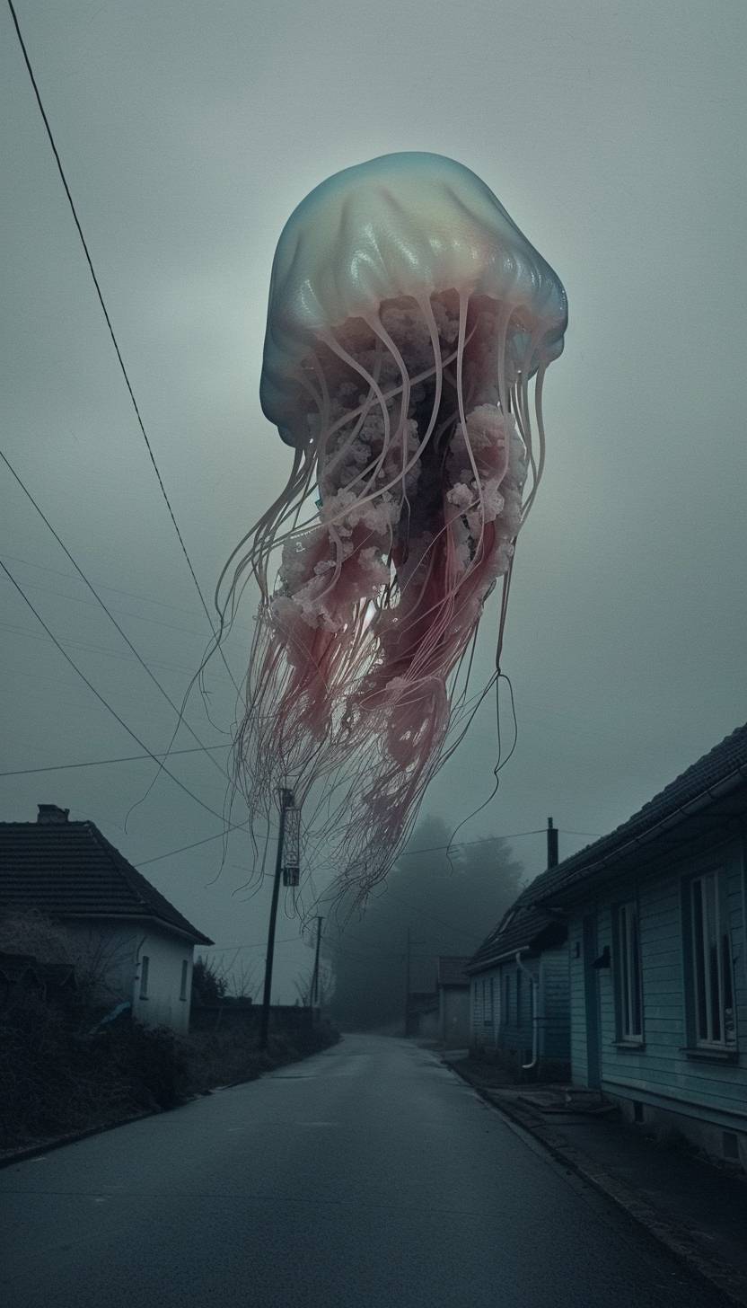A hyperrealistic bizarre photo of a jellyfish-human hybrid, with long tentacles, a human head stuck on a jellyfish, floating in mid air, looking angry, with an ominous and misty vibe, in a coastal town, a dark horrorscape, 8k resolution
