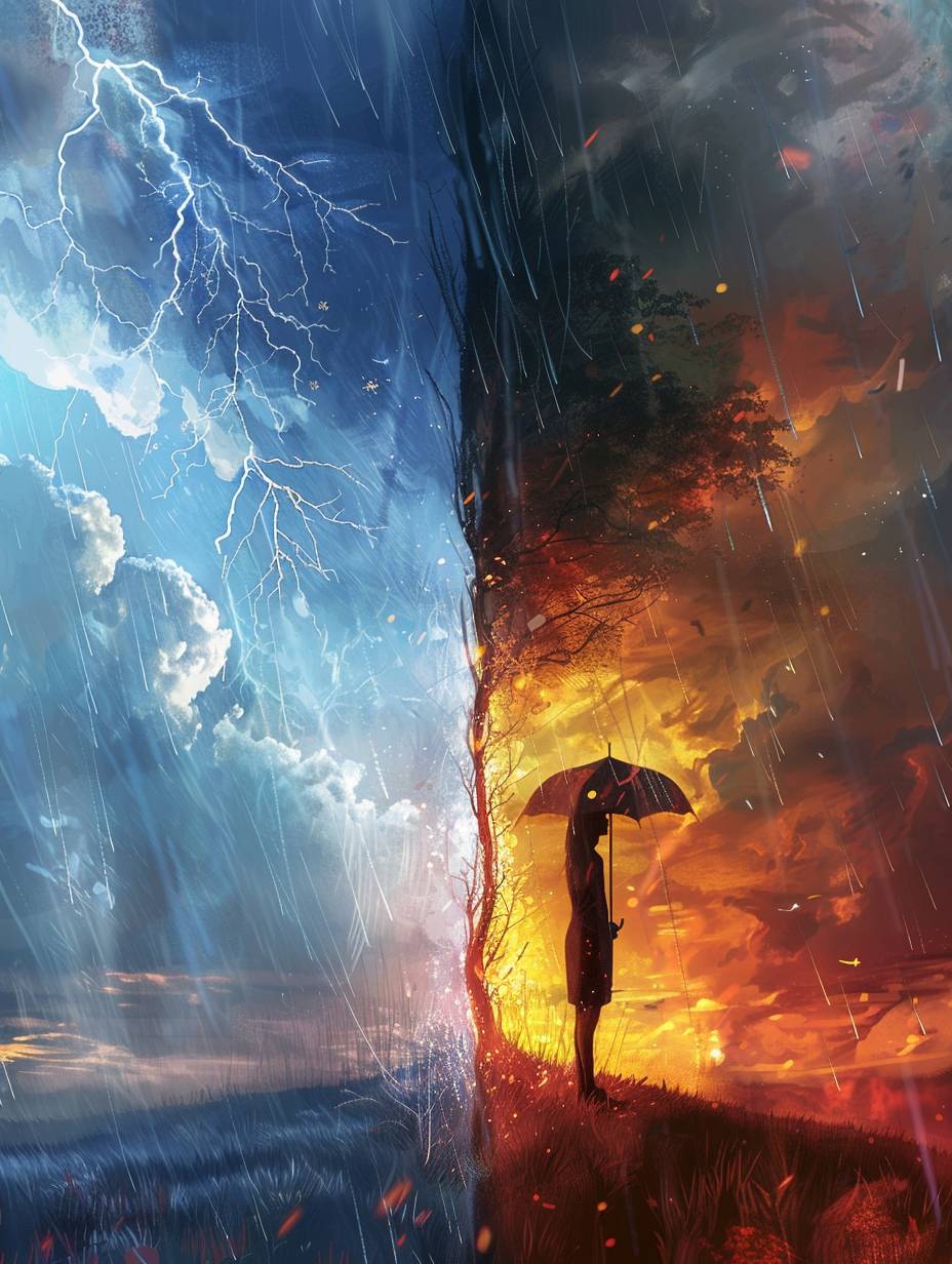 A healing style illustration depicts a person holding an umbrella alone during a storm, with a rainy sky and distant lightning in the background, the character in the foreground is strong and determined; another scene shows the same person, embracing his beloved with open arms on a sunny day, surrounded by the changing seasons, symbolizing the strength and love in life.
