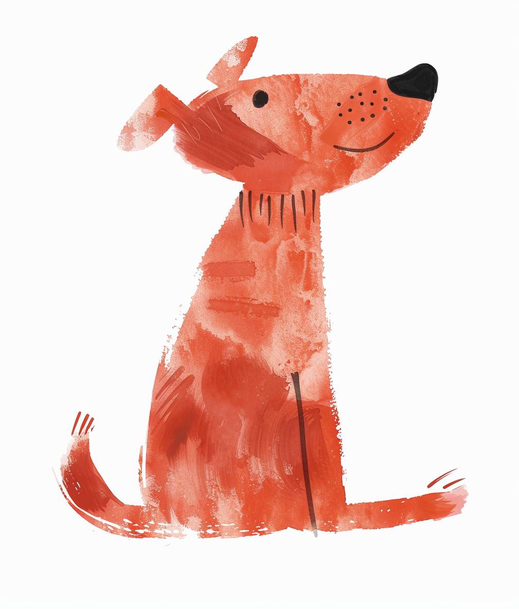 Cute red dog, simple lines, watercolor texture, children's book illustration style, flat design, high resolution, white background, light color, bright and clean picture. in the style of Jon Klassen.